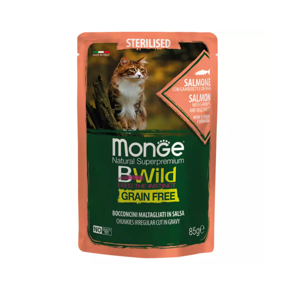 Pate cho mèo Monge Bwild - Pouches - Chunkies Sterilised Salmon With Shrimps and Vegetables (vị Cá hồi, tôm và rau) 85gr