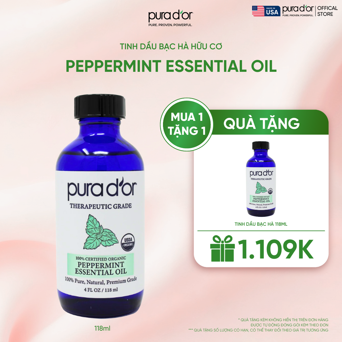 Tinh Dầu Bạc Hà Hữu Cơ Pura D'or Therapeutic Grade Peppermint Essential Oil 118ml