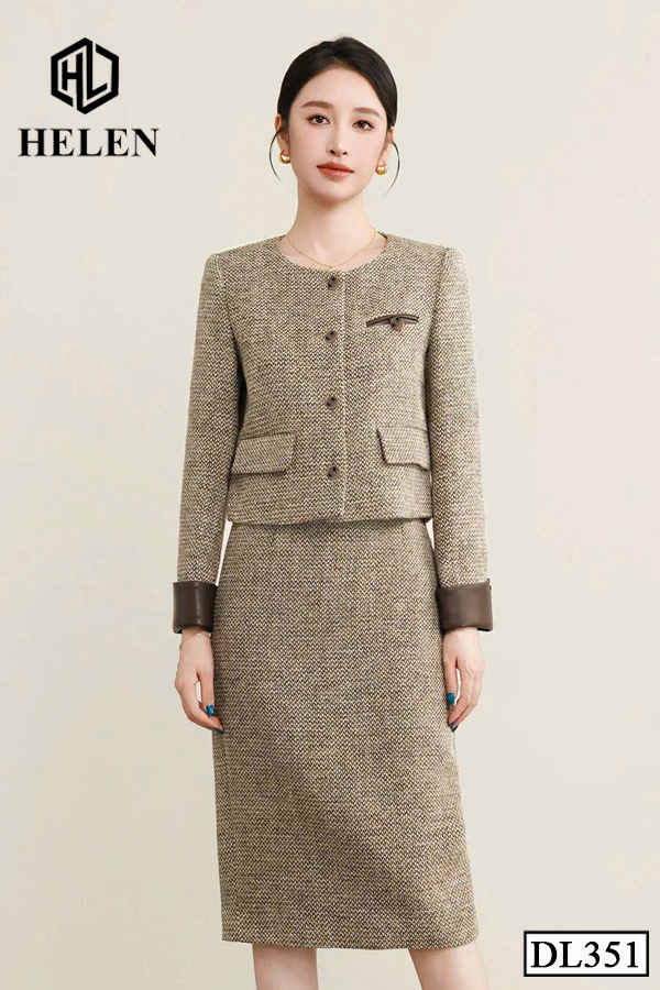 (Pre-order) Đầm liền màu nâu giả set cổ tròn tay dài DL351