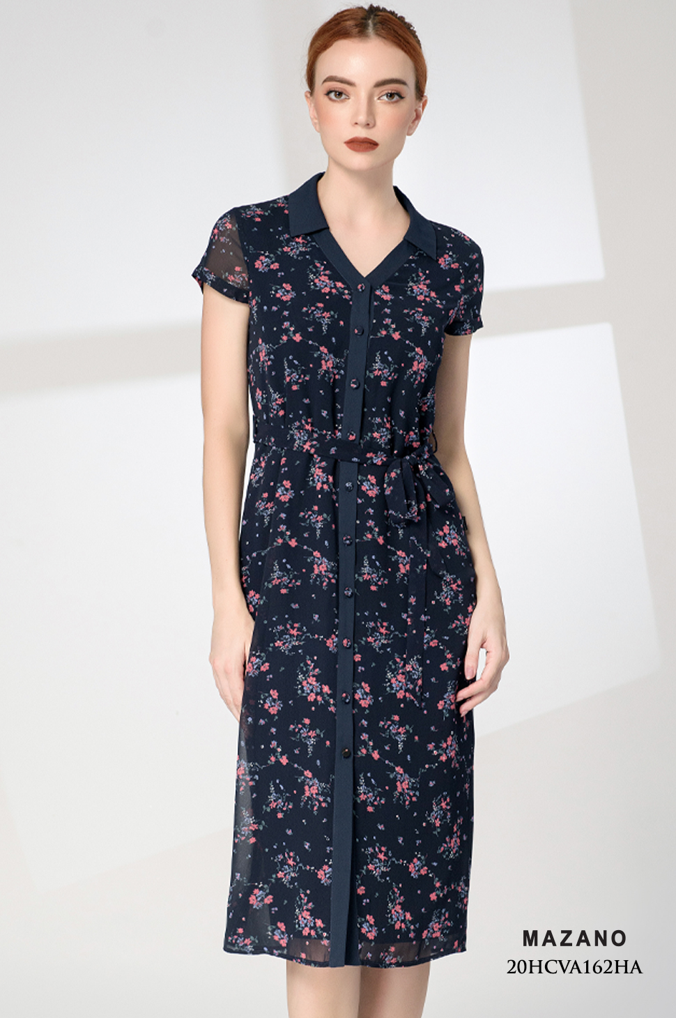 Đầm sơ mi xanh than cổ Y phối nẹp_thumbnail_1