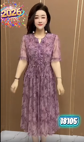 18105-Đầm voan xòe in hoa tím tay lở eo thắt dây rút cách điệu ( voan,lót)