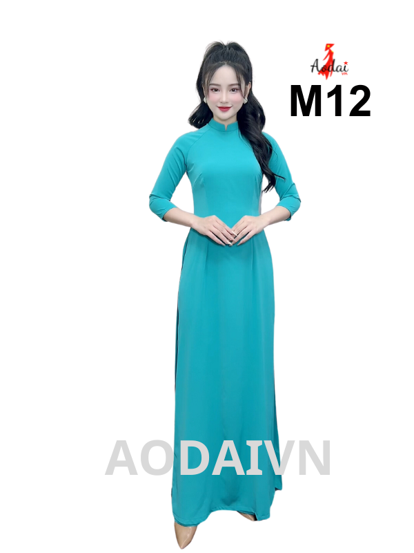 M12 Áo dài lụa Mỹ màu xanh ngọc cổ cao 2cm tay lỡ