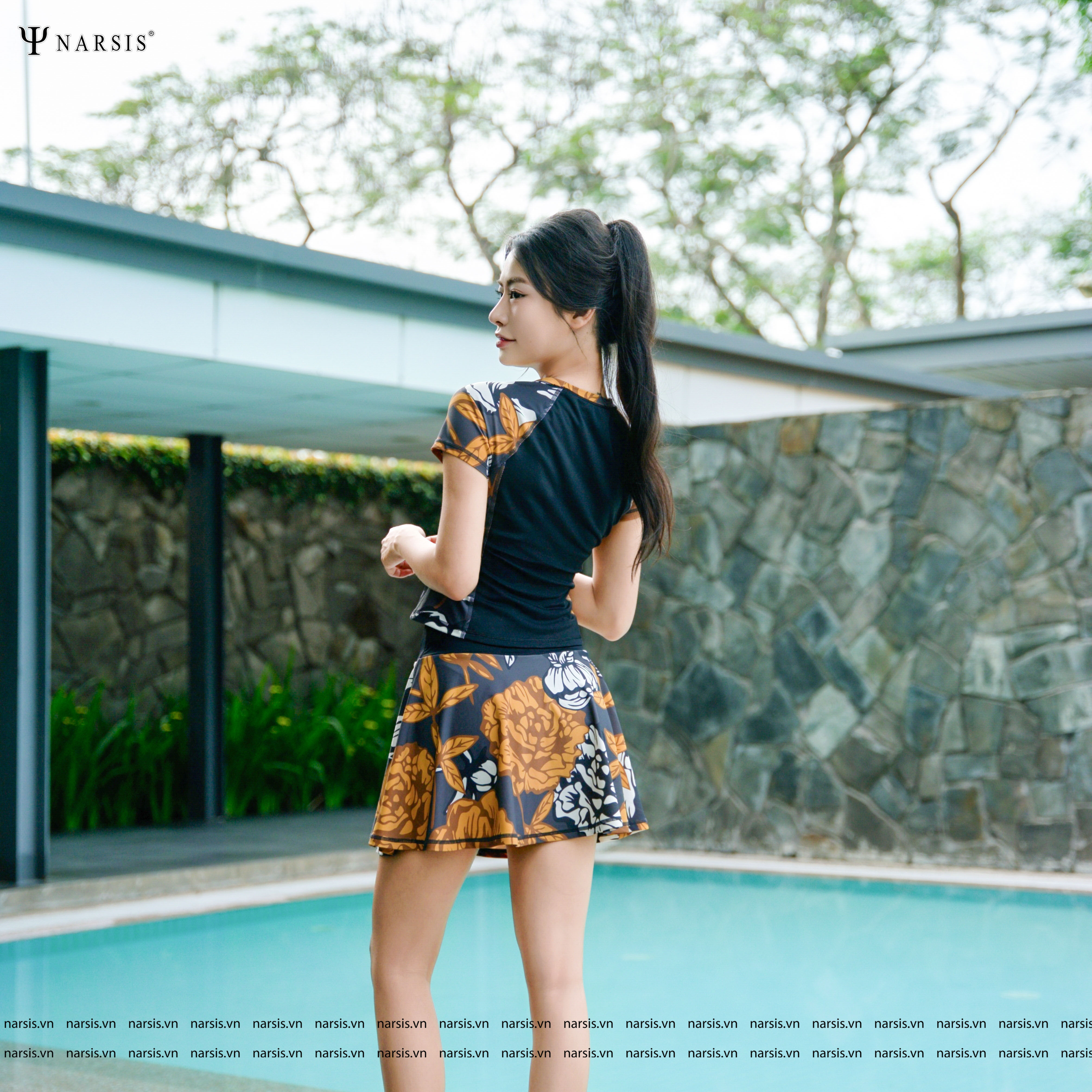 Set Bơi Nữ Áo Kèm Chân Váy Narsis, Đồ Bơi Tạo Eo Có Lót Và Mút Ngực Không Giữ Nước A25008_thumbnail_3