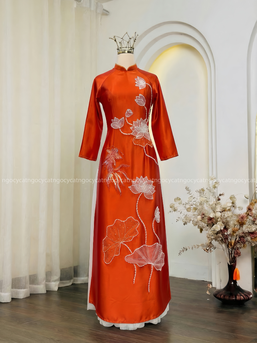 Áo Dài Bà Sui Màu Cam Hoa Sen Ngư Đính Cườm 