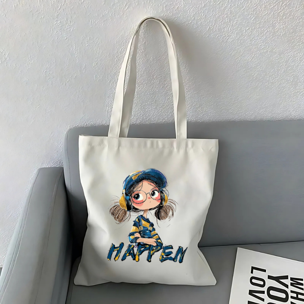 Túi tote vải canvas hình cô gái tóc xù có khóa kéo và ngăn phụ, đi học đi chơi - We Tee TOTE18