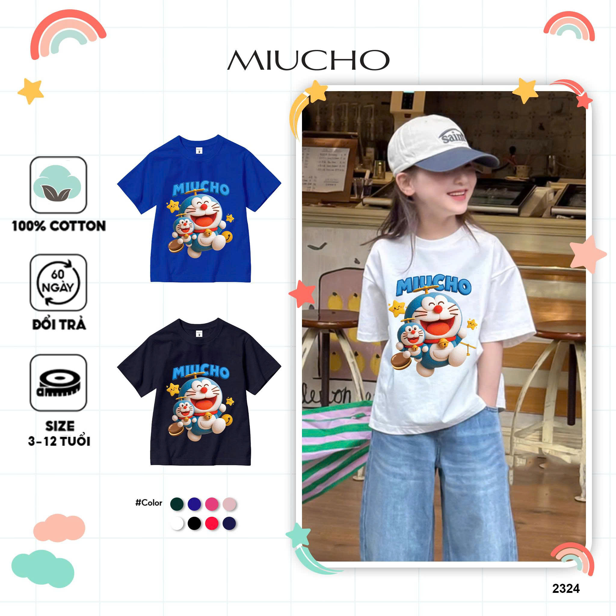 Áo thun cho bé form ôm dáng ngắn cổ tròn AED2324 Miucho Kid vải cotton thoáng mát in artwork