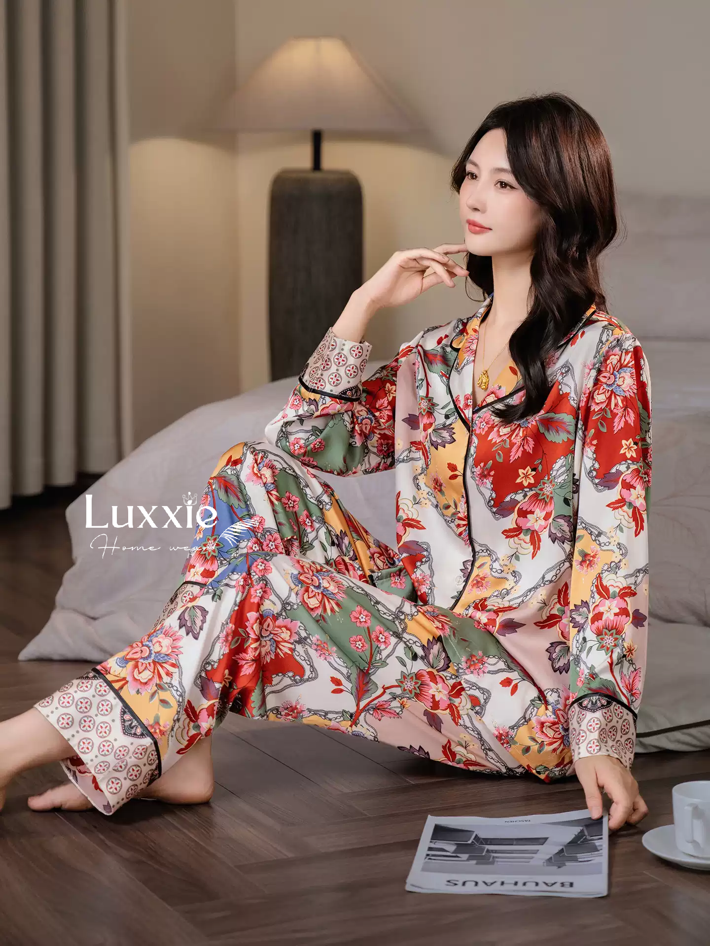 LEDAI16 Pijama lụa hoa lá nhiều màu sắc