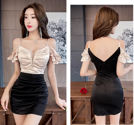 16200-Đầm body khoét vai xẻ ngực phối hai màu hồng đen ( lụa)_thumbnail_0