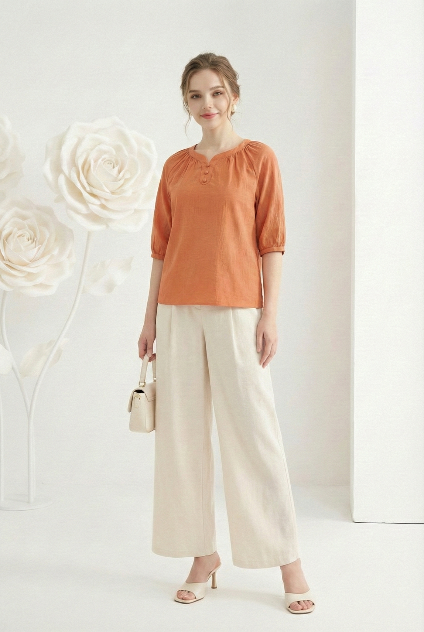 Áo tunic vải pha linen màu cam sữa dáng suông cổ cách điệu thiết kế MAZANO 1HB2SAS050CA