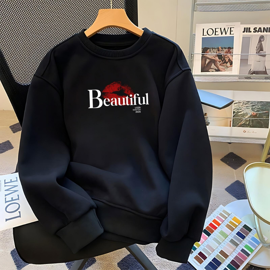 Áo sweater nam nữ in chữ 3 màu đen,trắng,be - Áo nỉ thu đông dáng rộng - Loza G0232_thumbnail_6