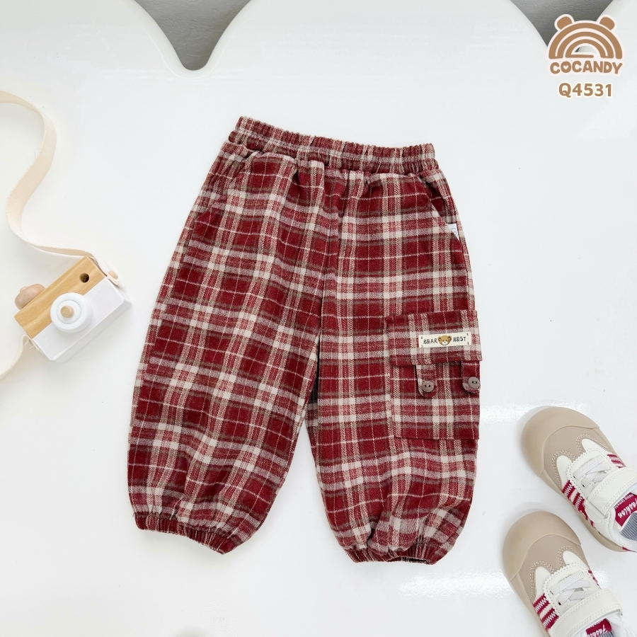 Quần dài caro nhung ĐỎ rút gấu