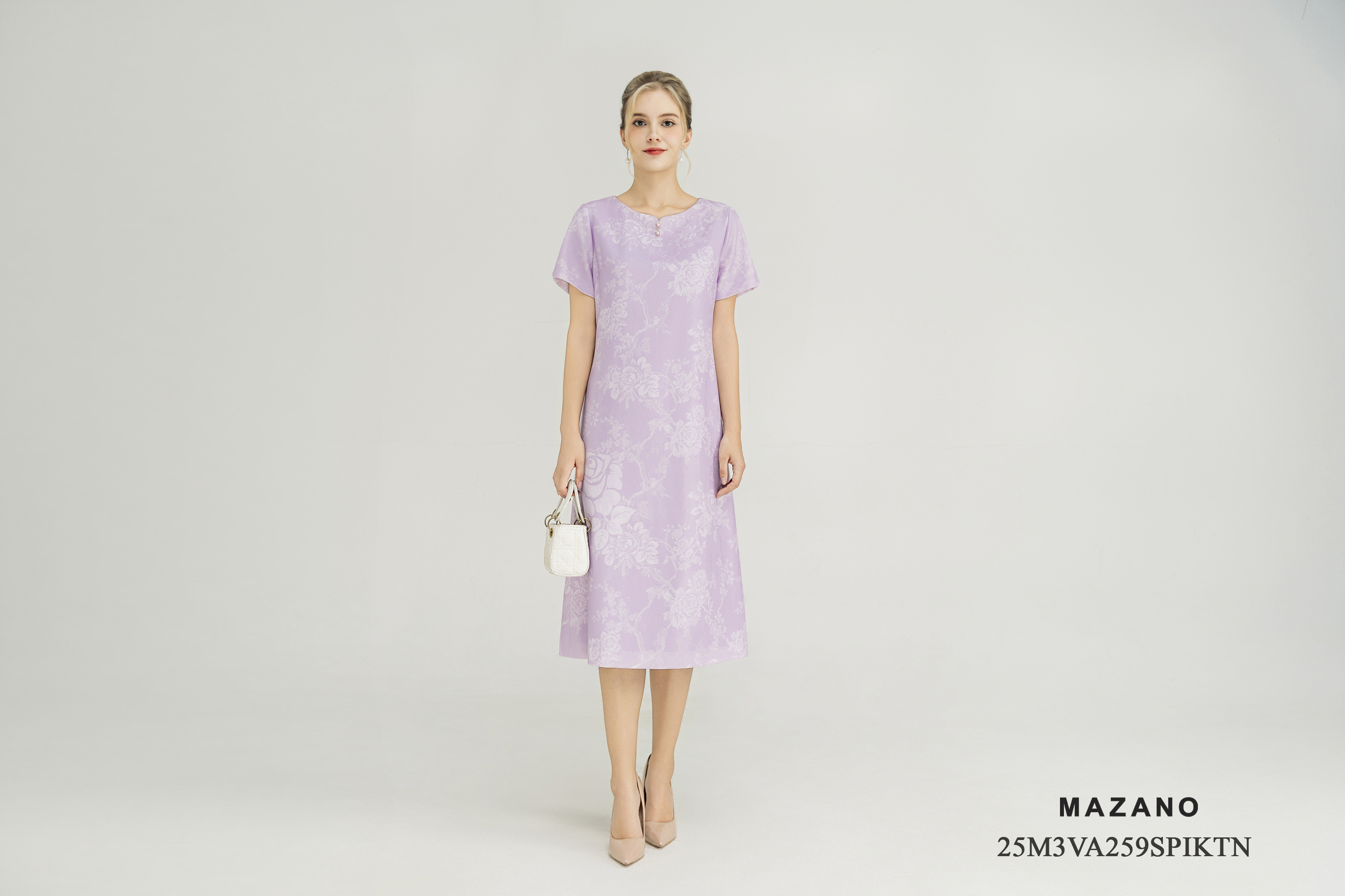 Váy Đầm Suông Vải thô dày Hoạ tiết cách điệu Cổ tròn Tay ngắn Dài qua bắp chân