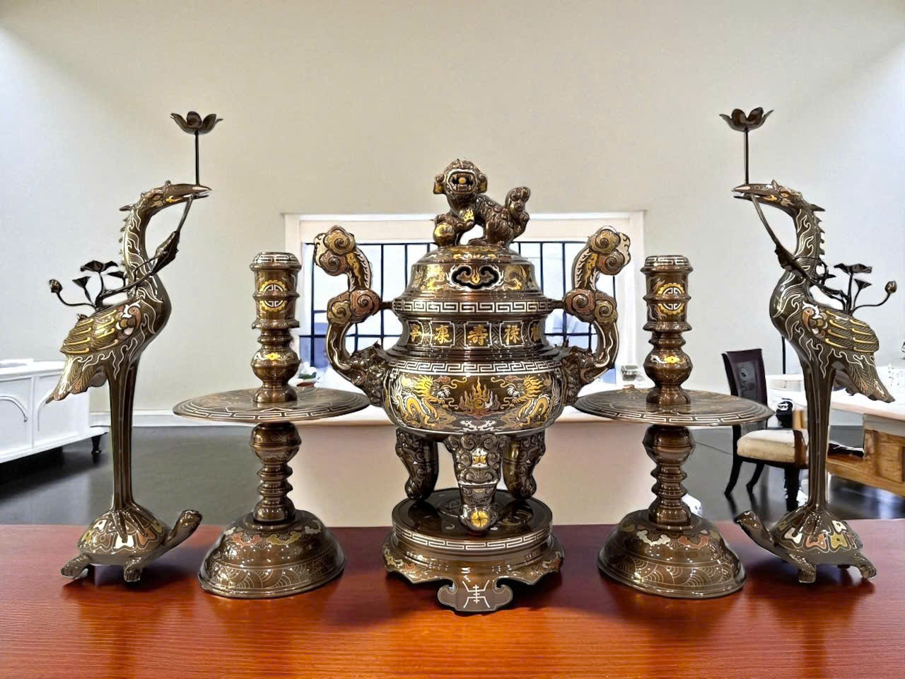 Bộ ngũ sự cao 60cm khảm ngũ sắc khảm kỹ 