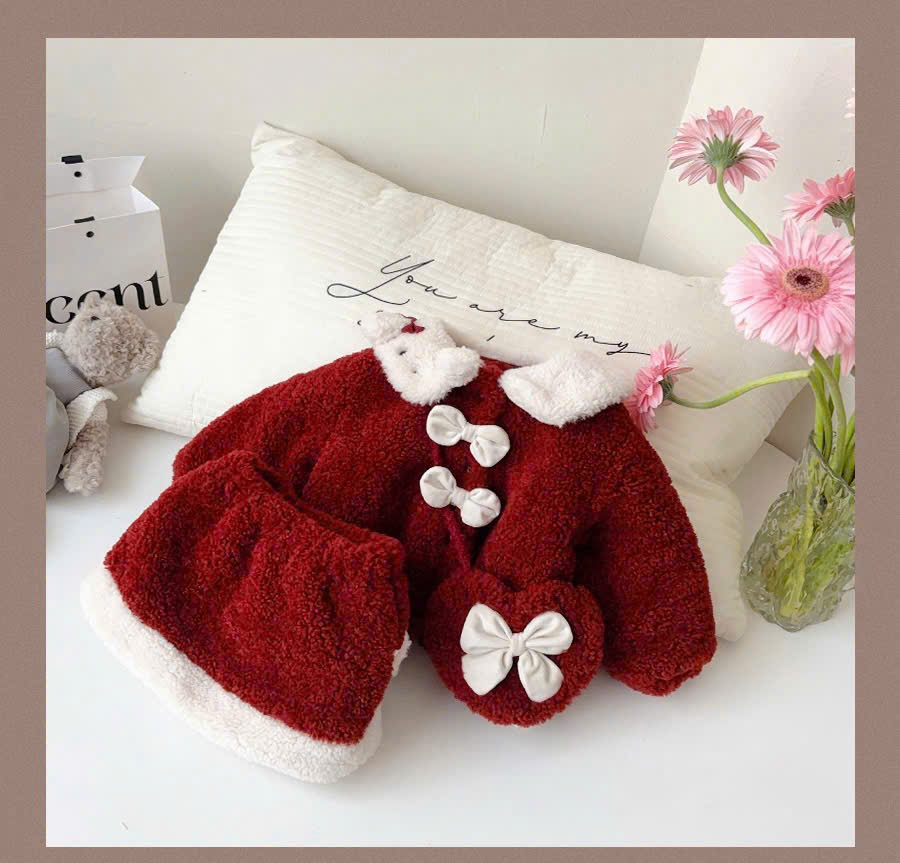 (C25) Set 3 chi tiết lông cừu màu đỏ trần bông kèm túi tim