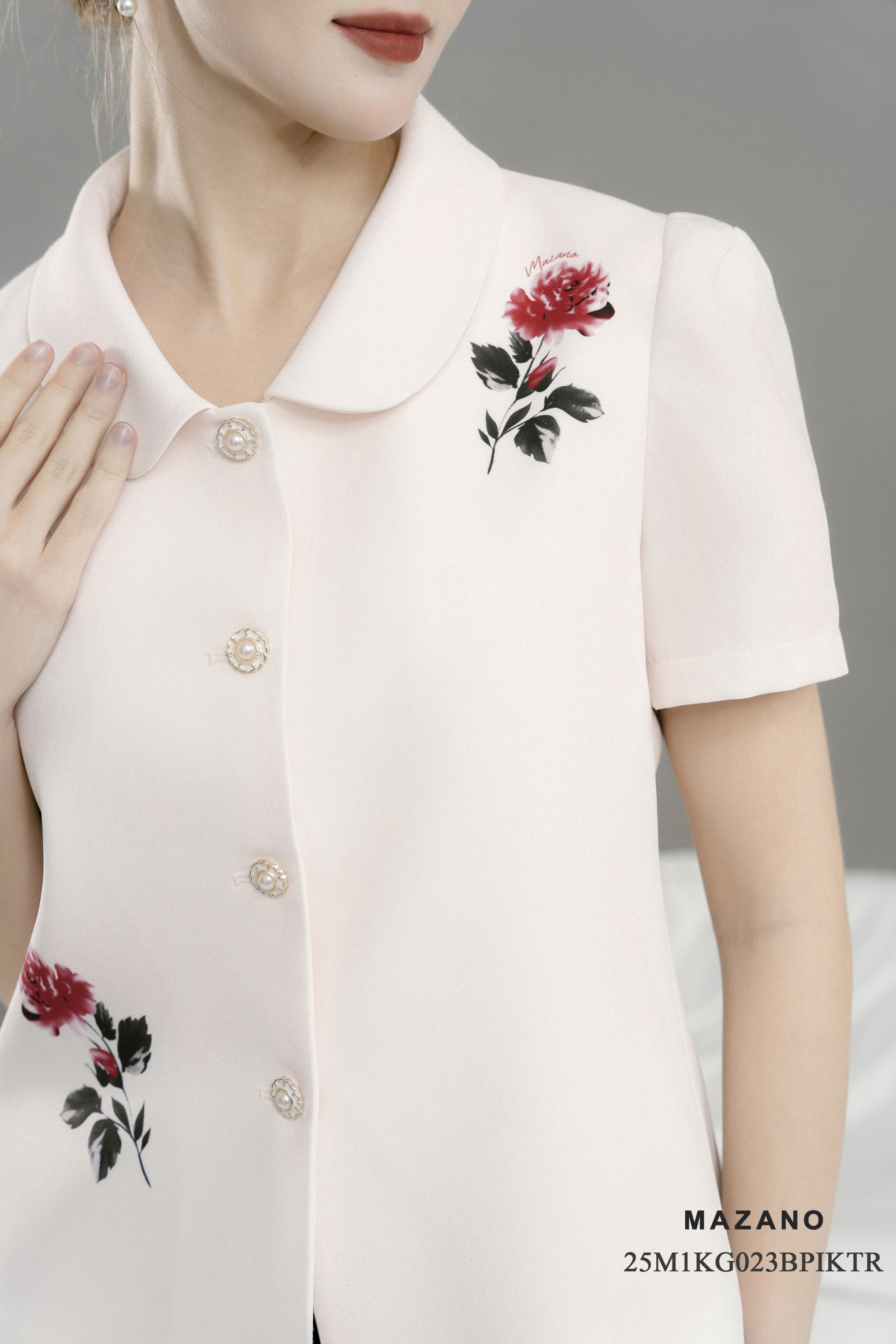 Áo ký giả Vải thô chun In họa tiết hoa hồng Cổ bẻ Tay ngắn Dài dưới eo_thumbnail_4