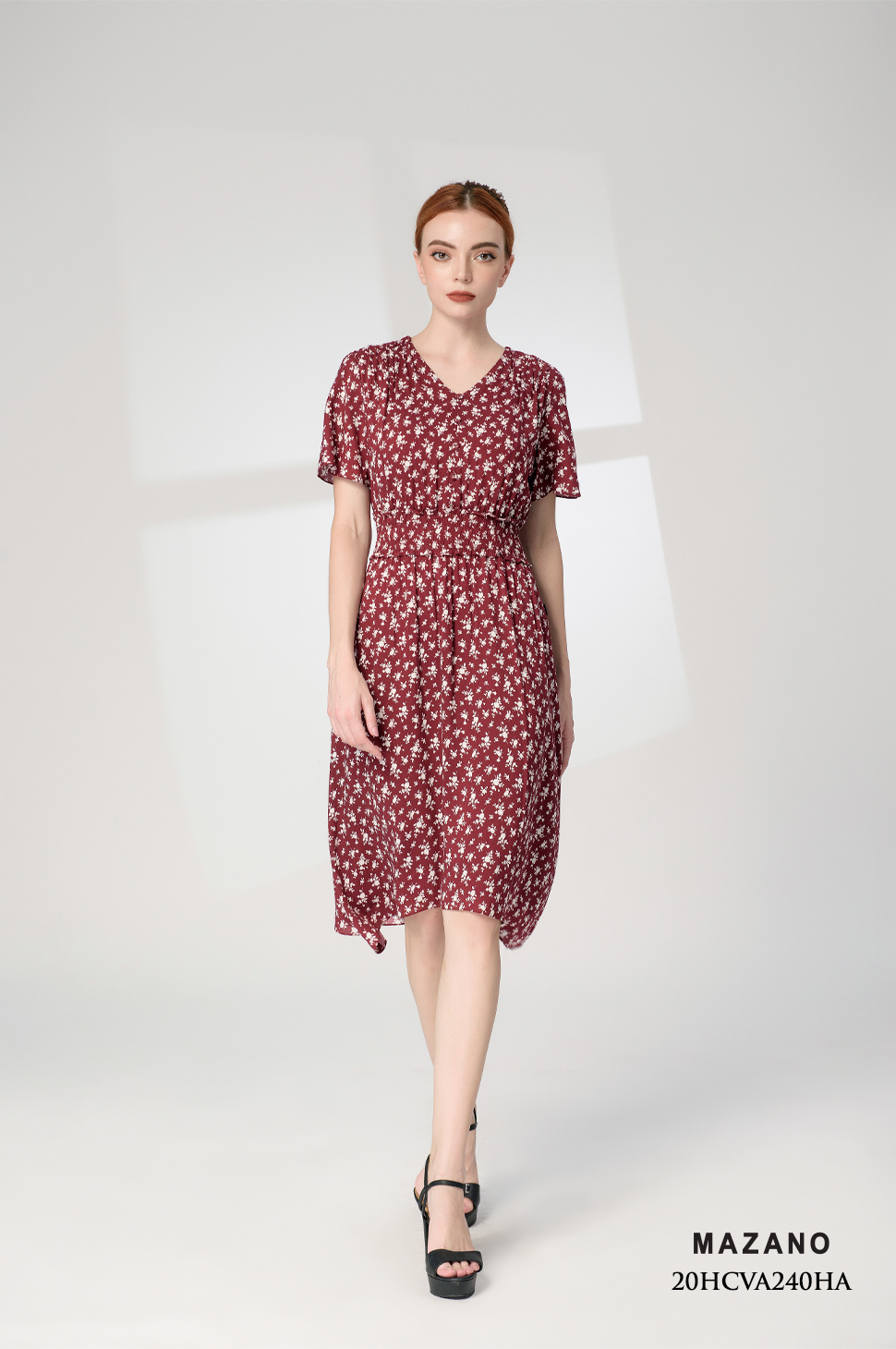 Đầm đỏ hoa nhí xòe rủ nhún bèo eo