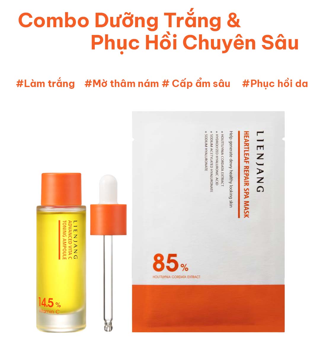 COMBO LIENJANG ADVANCED VITA C TONING AMPOULE 14.5% & HEARTLEAF REPAIR SPA MASK - Combo Serum Và Mặt Nạ Dưỡng Trắng Sáng Da Phục Hồi Giảm Kích Ứng - Vitamin C 14.5%, Rau Diếp Cá 85% - [LJ016]_thumbnail_1