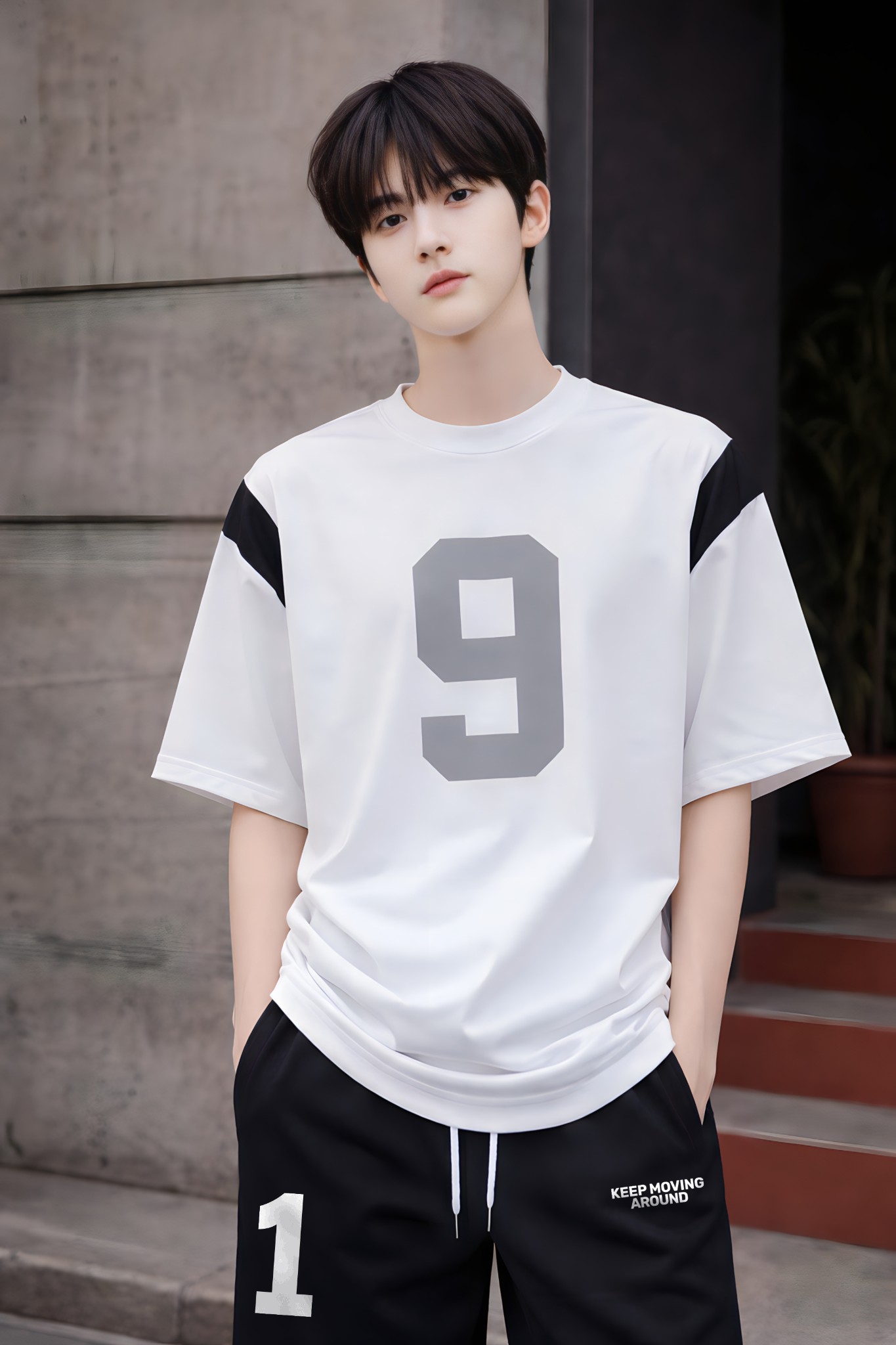 Áo phông bé trai dáng rộng màu trắng phối tay in số 9