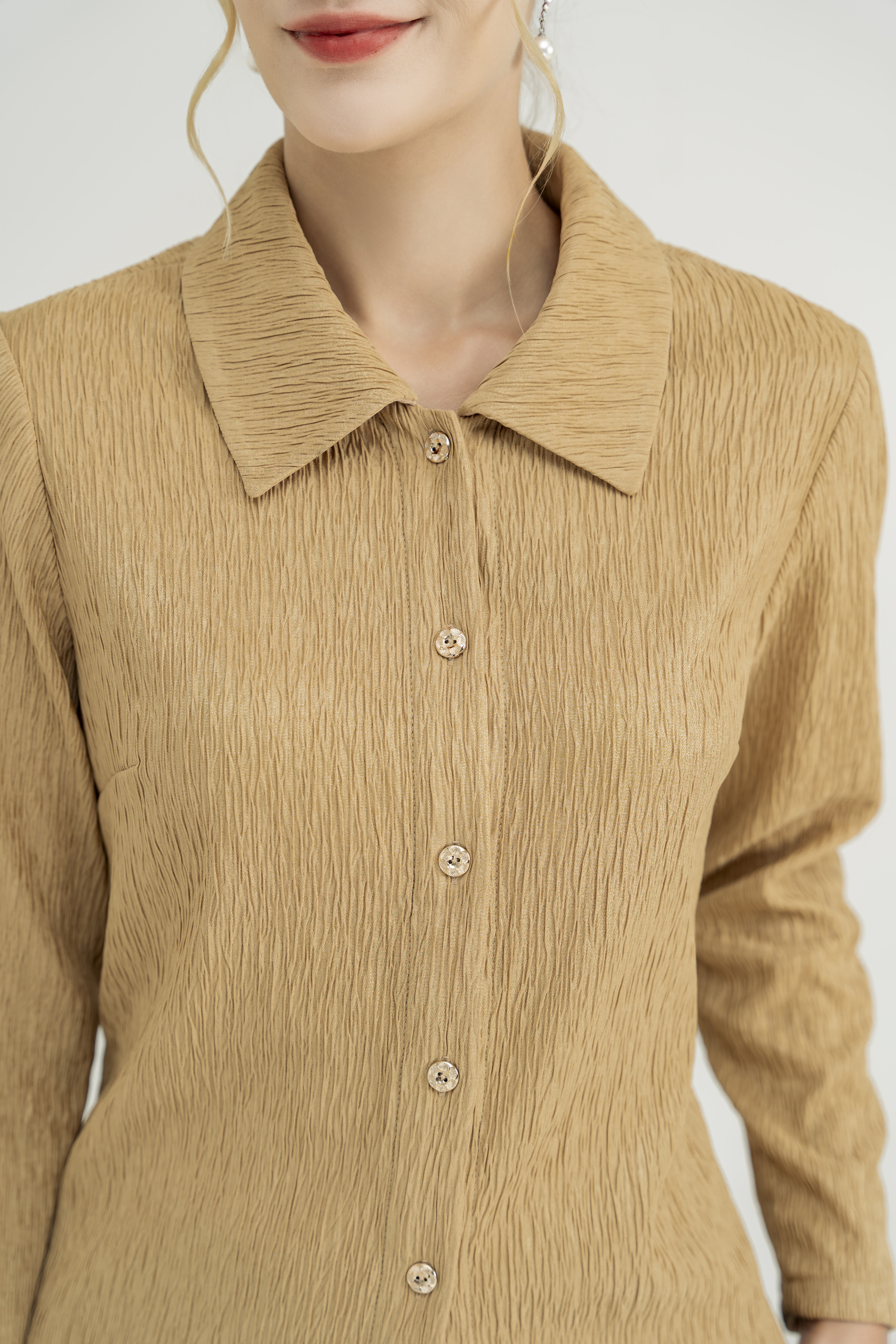 Áo sơ mi kiểu Vải thun gân 3D Cổ sơ mi cách điệu Tay dài Dài qua eo_thumbnail_3