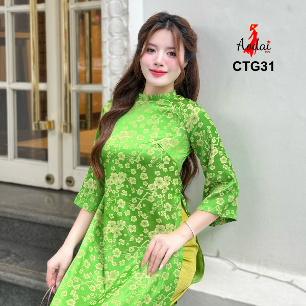 Bộ Áo Dài Cách Tân Gấm Dáng Suông Hoa Anh Đào Màu Xanh Cốm Cổ Cao 2cm Tay Lỡ