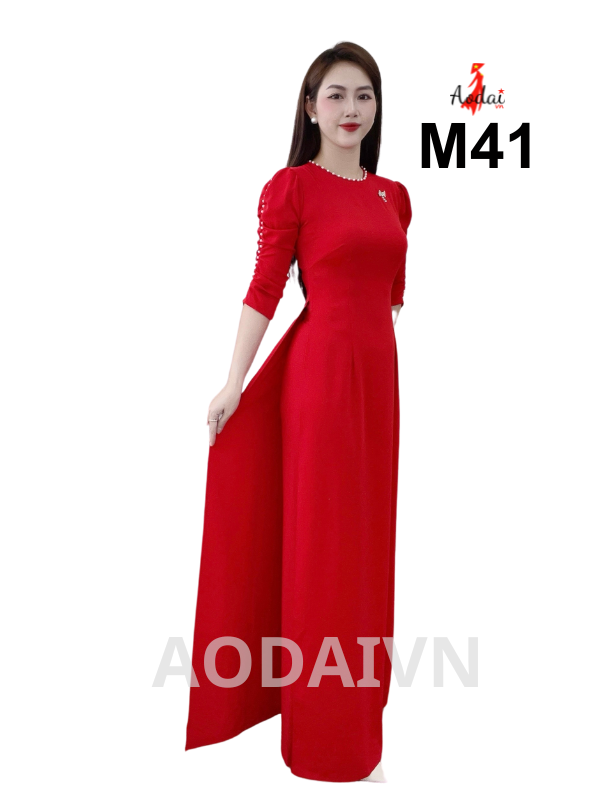 M41 Áo dài lụa Mỹ đỏ rúm cổ tròn tay bồng đính hạt
