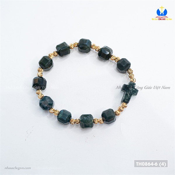 Vòng Mân Côi đá vuông 8ly màu xanh ngọc bích vàng thánh giá đá