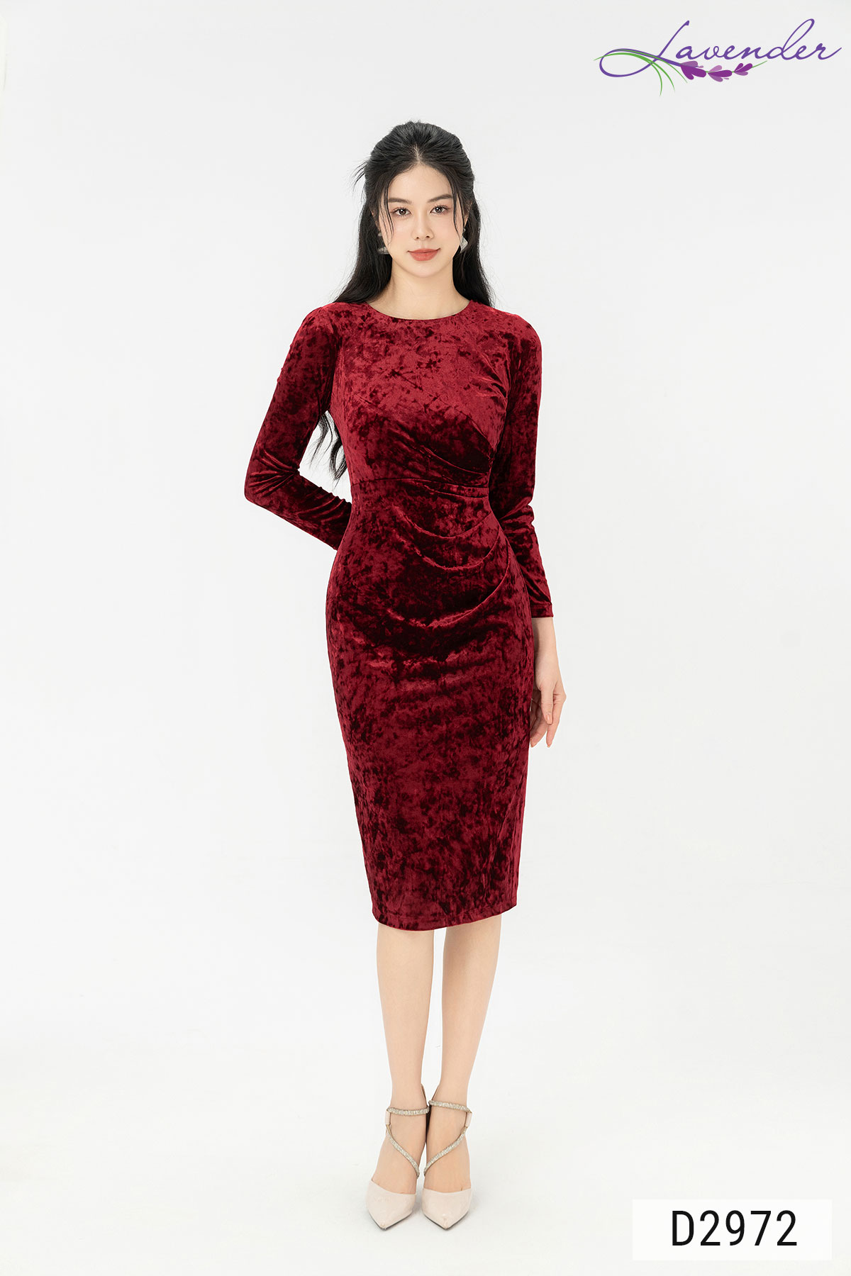 Đầm ôm nữ công sở Thời trang Lavender nhung đỏ tay dài D2972_thumbnail_2