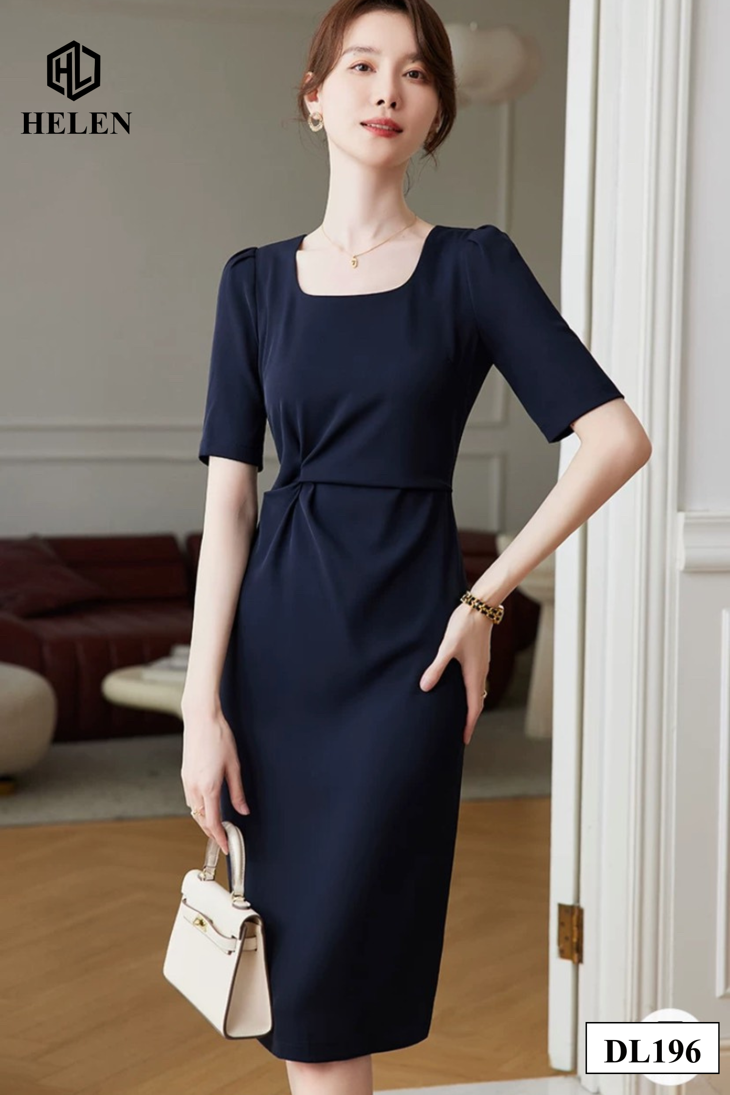Đầm ôm màu xanh than cổ vuông nhún eo DL196