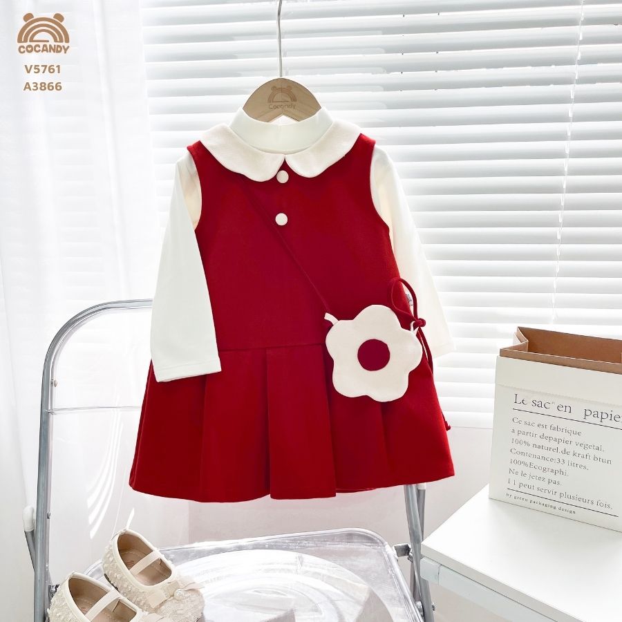 Váy dạ ĐỎ sát nách cổ sen cúc bọc + túi