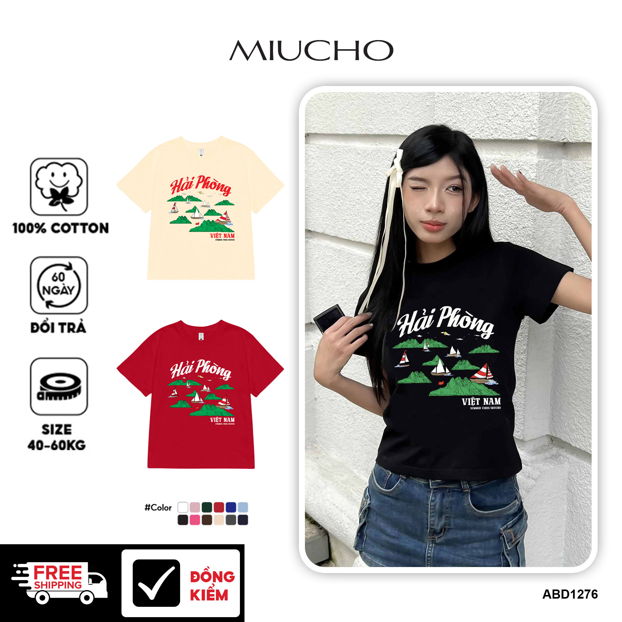 Áo thun baby tee form ôm xinh xắn ABD1276 Miucho tay ngắn cổ tròn in hình Hải Phòng