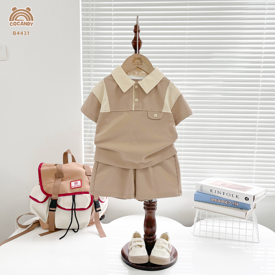 Bộ cộc NÂU polo phối tay nẹp be