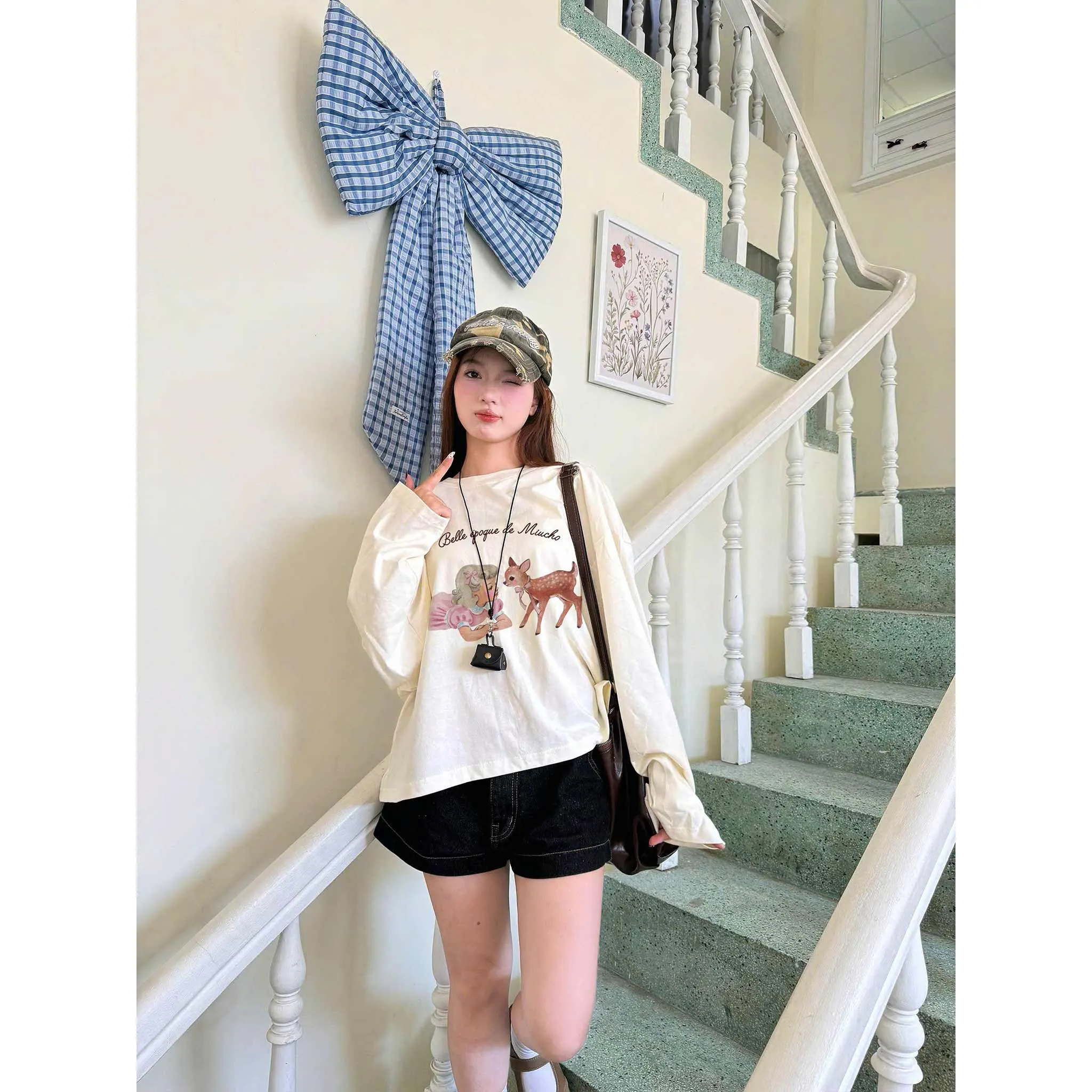 Áo tay dài boxy Miucho cotton co giãn 2C cổ tròn in hình dễ thương phong cách vintage 2649_thumbnail_5