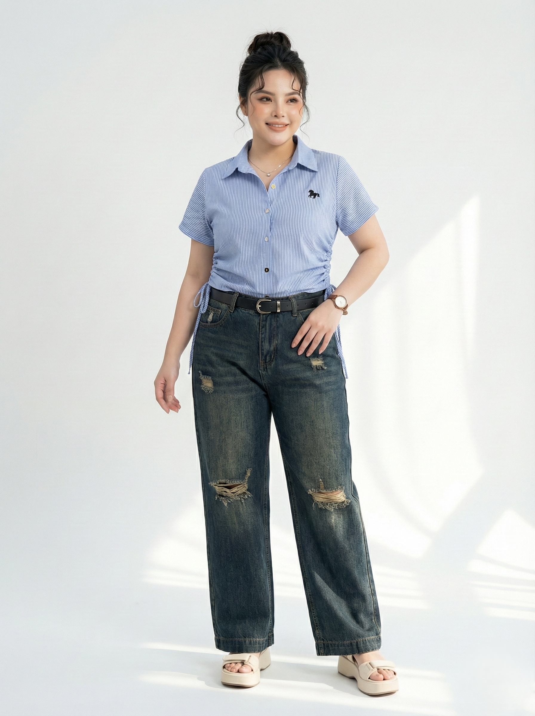 BIGSIZE - Quần jean suông thêu thỏ rách T-QJ389