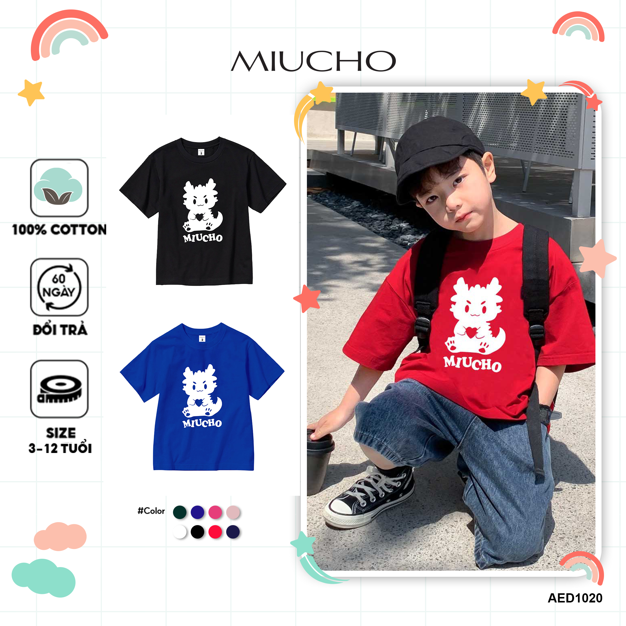 Áo thun tết đẹp cho bé gái bé trai form rộng thoáng mát AED907 Miucho Kid 100% vải cotton basic in mix_thumbnail_8