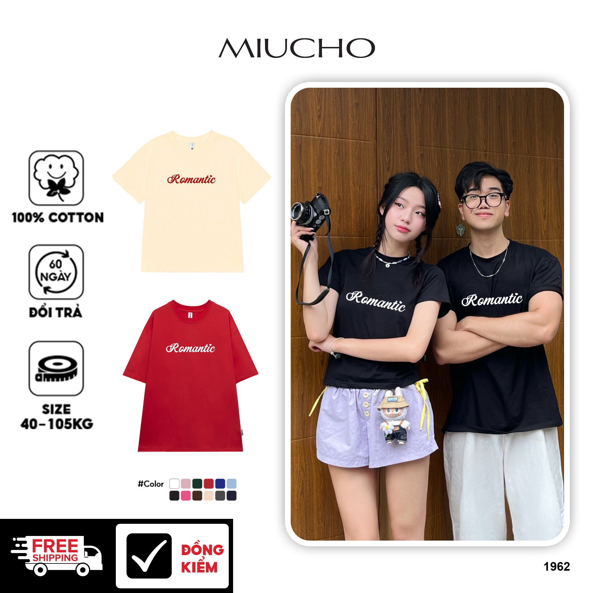 Áo thun cặp nam nữ form rộng 1963 Miucho vải cotton 4c 220gsm thoáng mát cổ tròn in basic