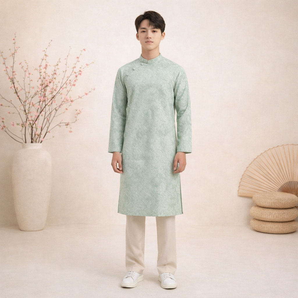 Áo Dài Nam Cách Tân Gấm Châu Sa Xanh Ngọc – Hoa Tiết NA25-04_thumbnail_3