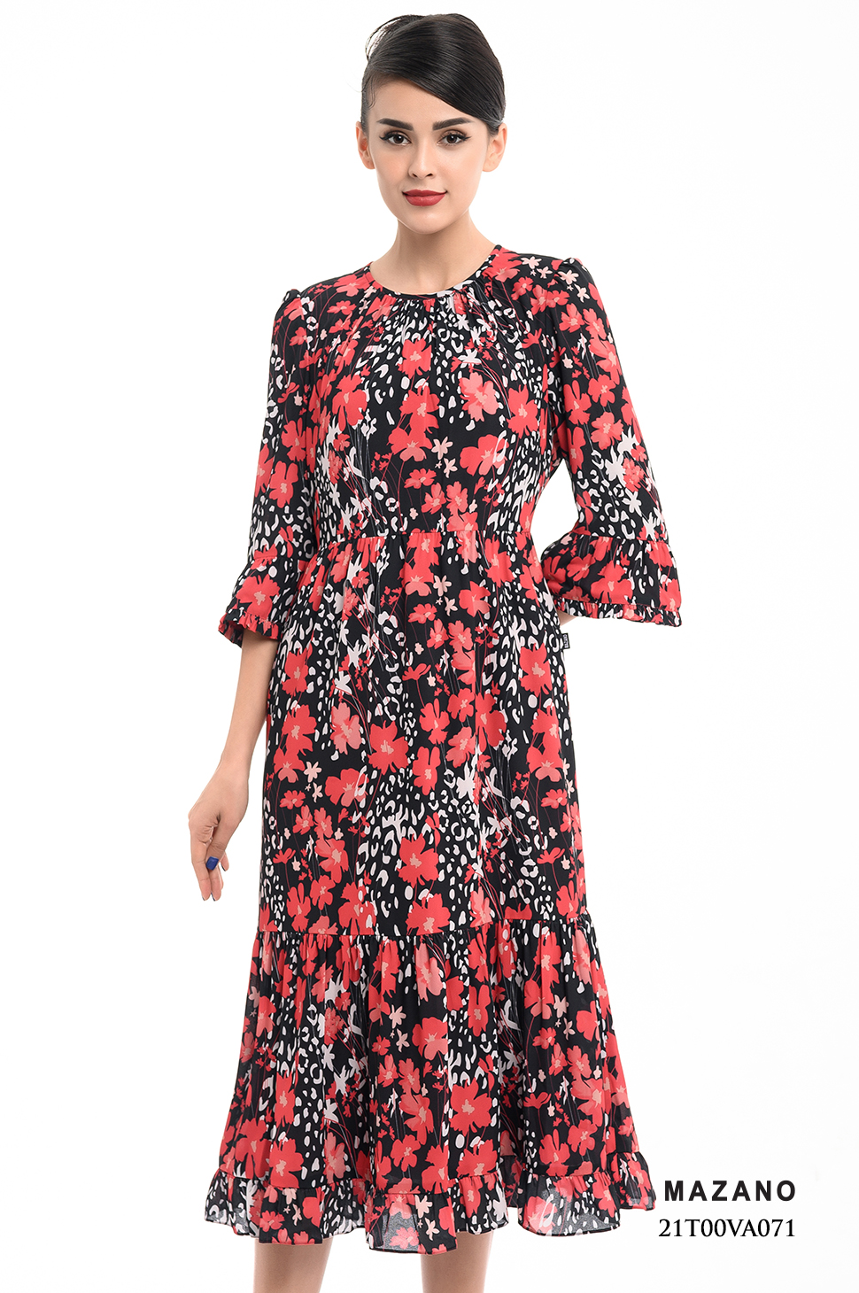 Đầm Chiffon Đỏ Họa Tiết Hoa Cách Điệu Phối Tay Bèo_thumbnail_3