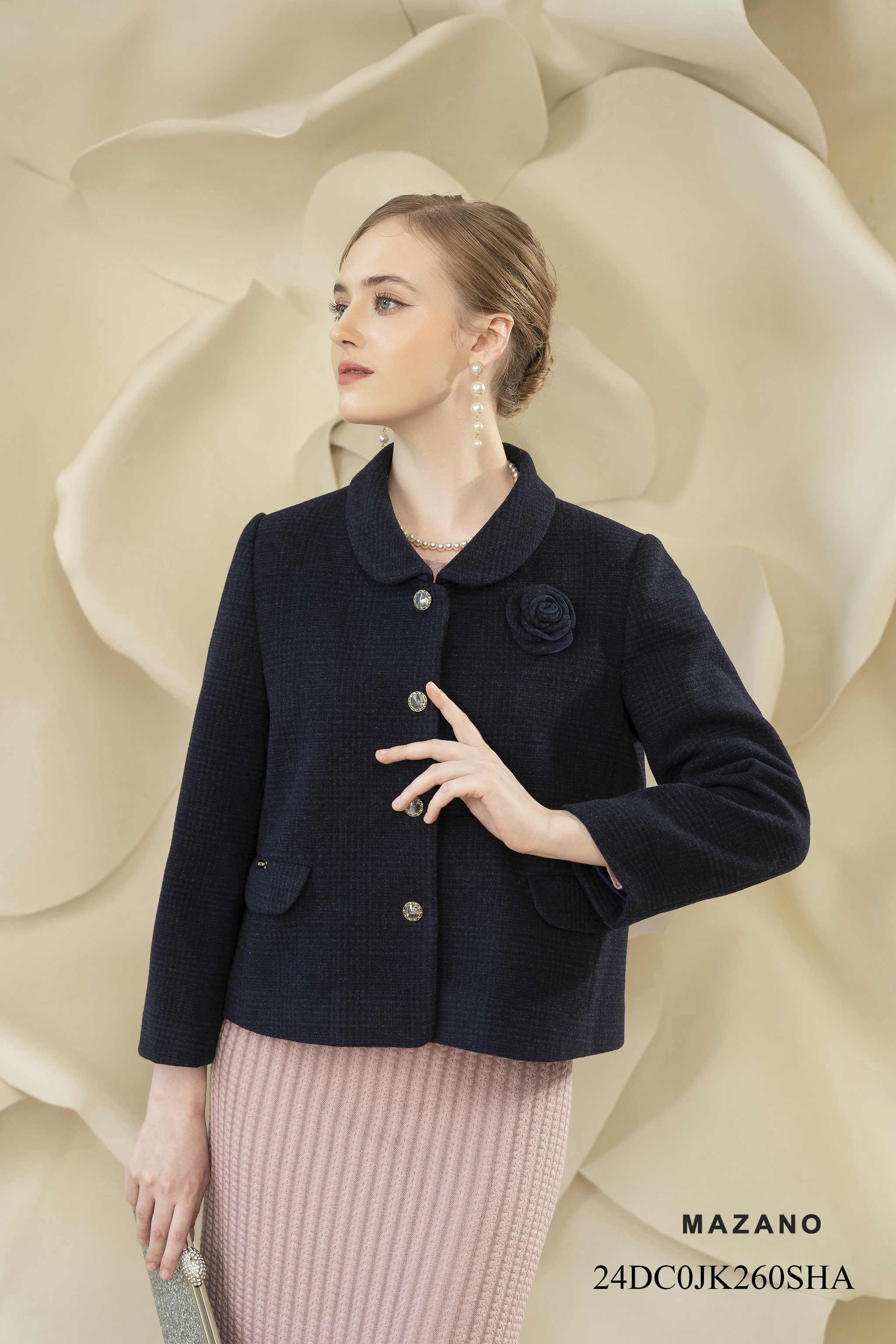 Áo khoác ngắn Suông Vải dạ tweed kẻ xanh tím than Dài dưới eo  JK260SHA_thumbnail_3