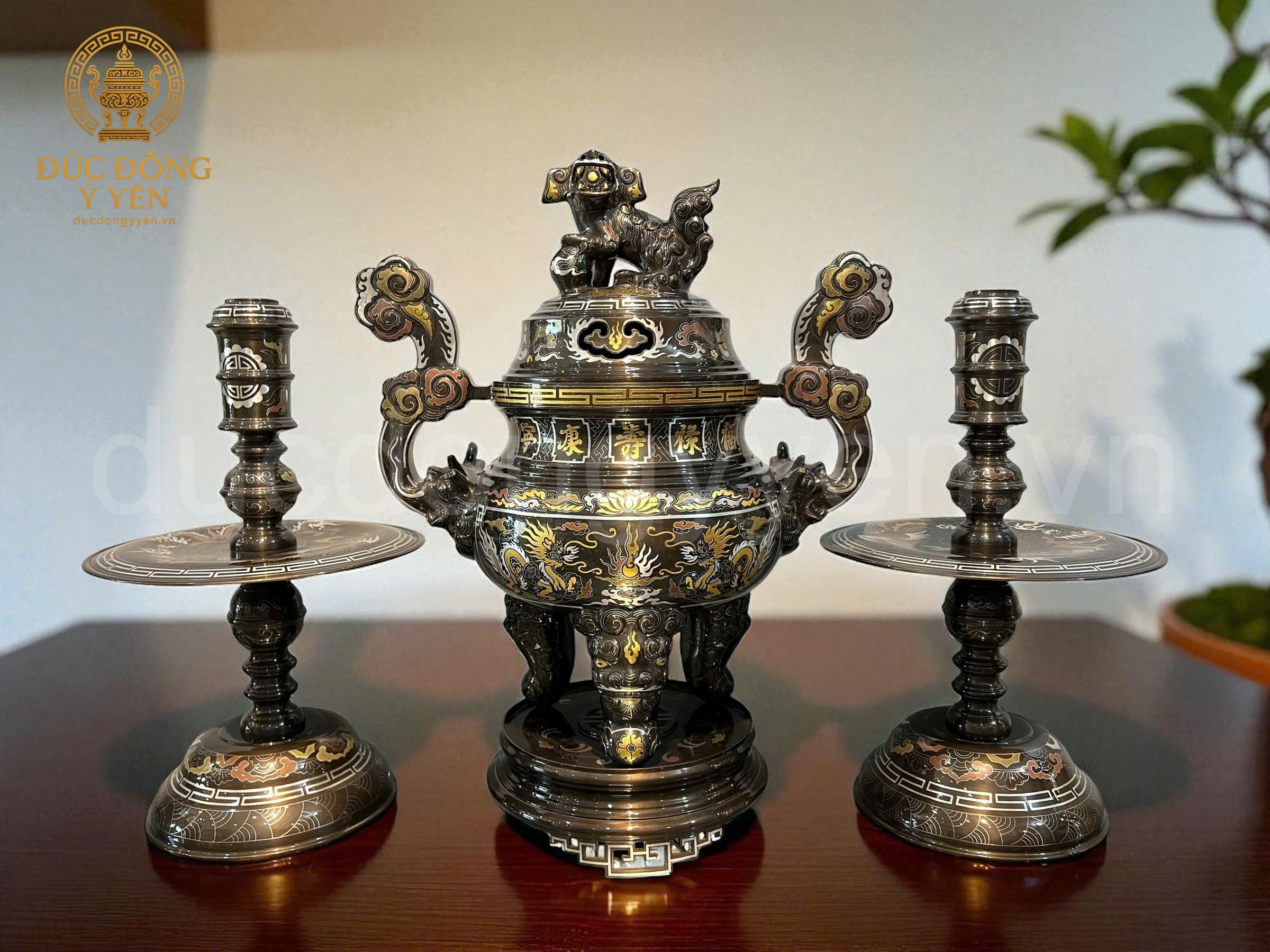 Bộ tam sự khảm ngũ sắc  đỉnh nến kỹ cao 60cm 