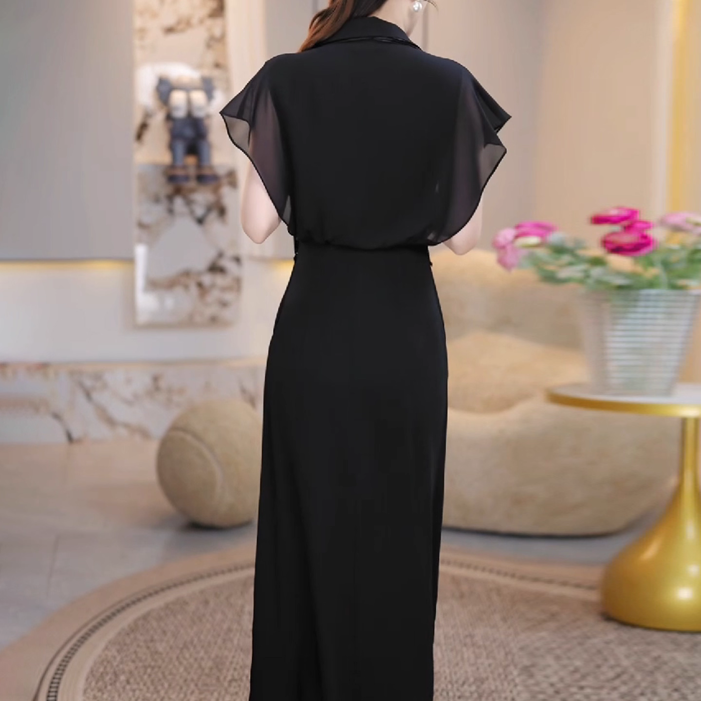 17327-Đầm suông  lụa phối voan tay tiên cổ thắt nơ  ( lụa, voan)_thumbnail_1