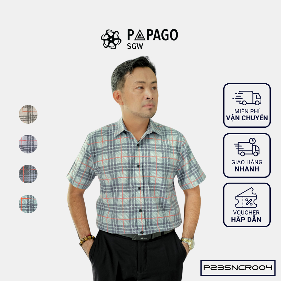 Áo sơ mi nam trung niên PAPAGO tay ngắn lai bầu vải lụa sọc caro - P23SNCR004_thumbnail_1