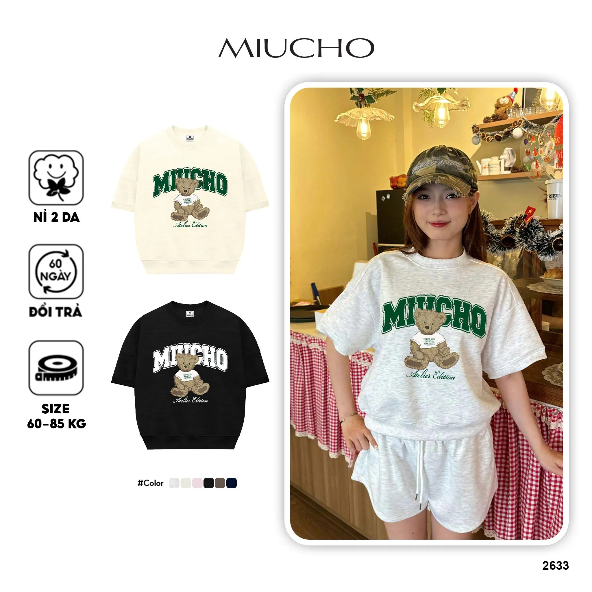 Áo sweater nữ boxy nỉ 2 da Miucho tay ngắn cổ tròn phong cách Hàn Quốc hình gấu đáng yêu 2633_thumbnail_1