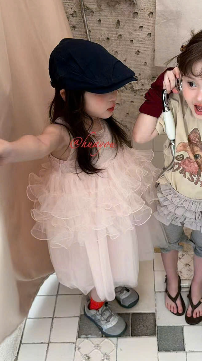 HY02 - Váy sát nách hồng phấn liền voan mix bèo voan hãng HuaYou