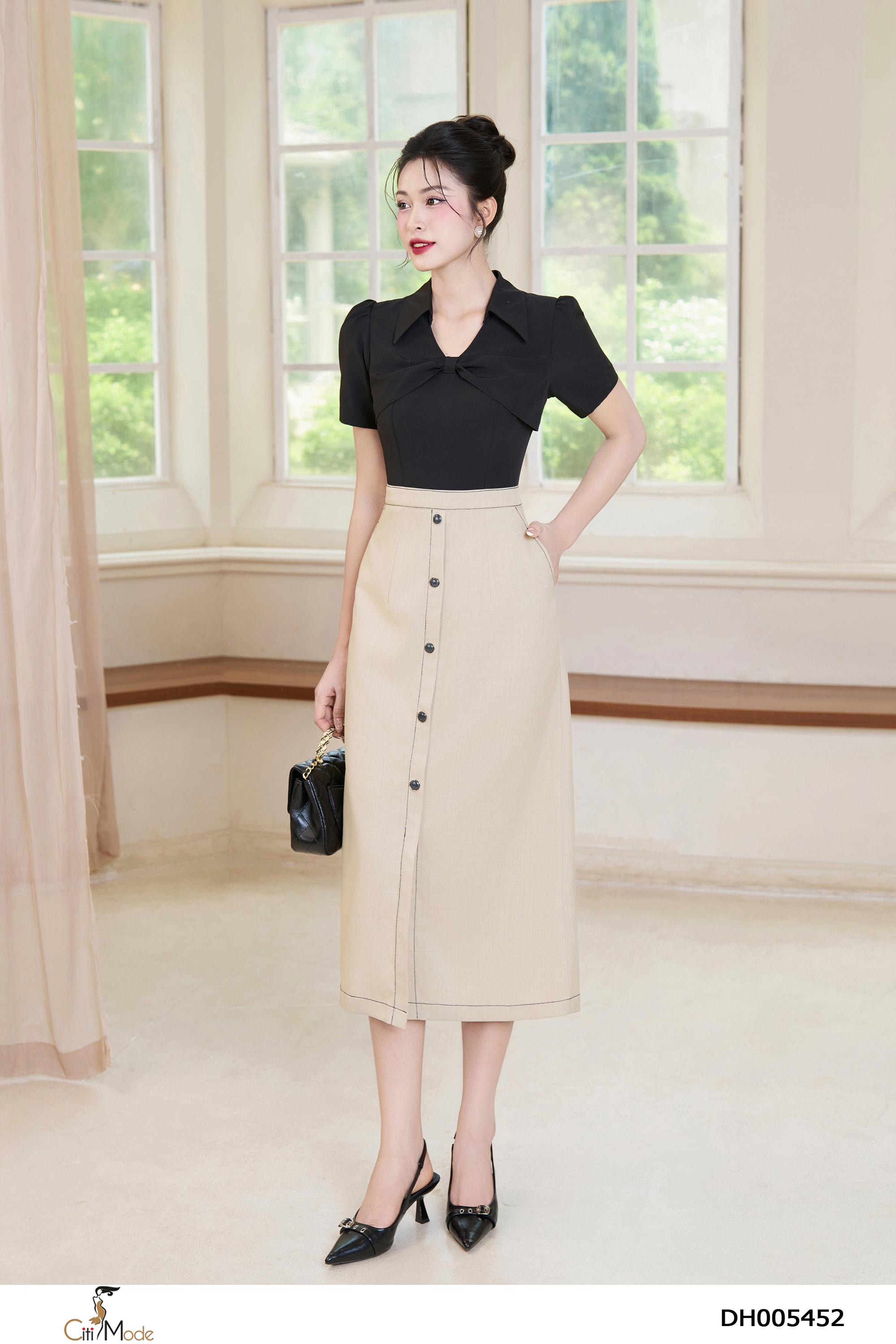 Đầm xòe A phối đen cổ đức V ngực nhún cách điệu_thumbnail_3