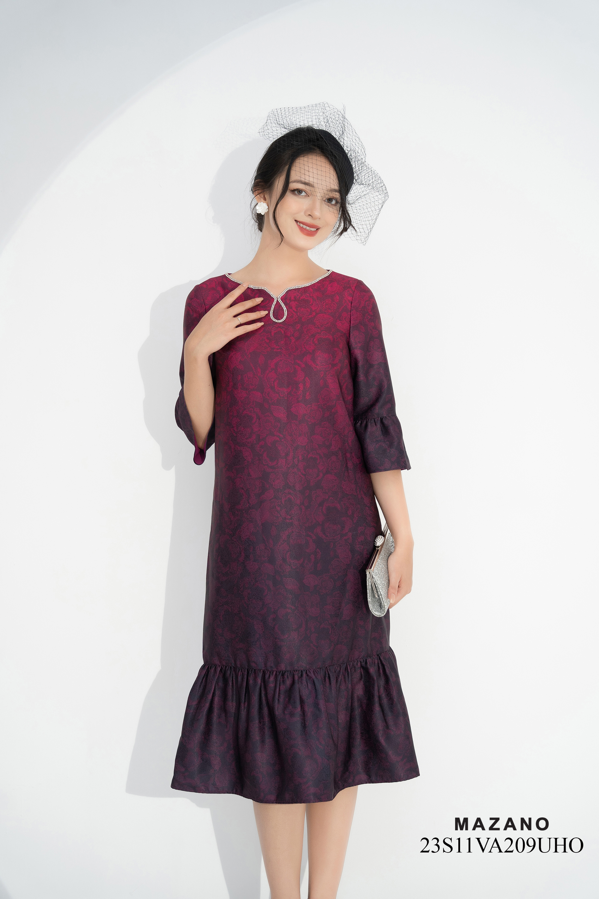 Váy Đầm Suông Chân xếp ly Vải thô gấm Họa tiết hoa in ombre Cổ cách điệu Tay lỡ Dài qua bắp chân