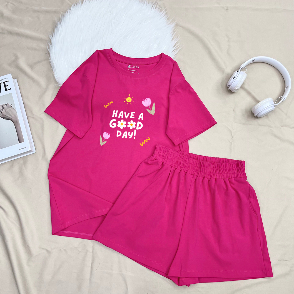 Bộ đồ nữ form rộng mùa hè gồm áo phông và quần đùi cotton-  LOZA G0075_thumbnail_0