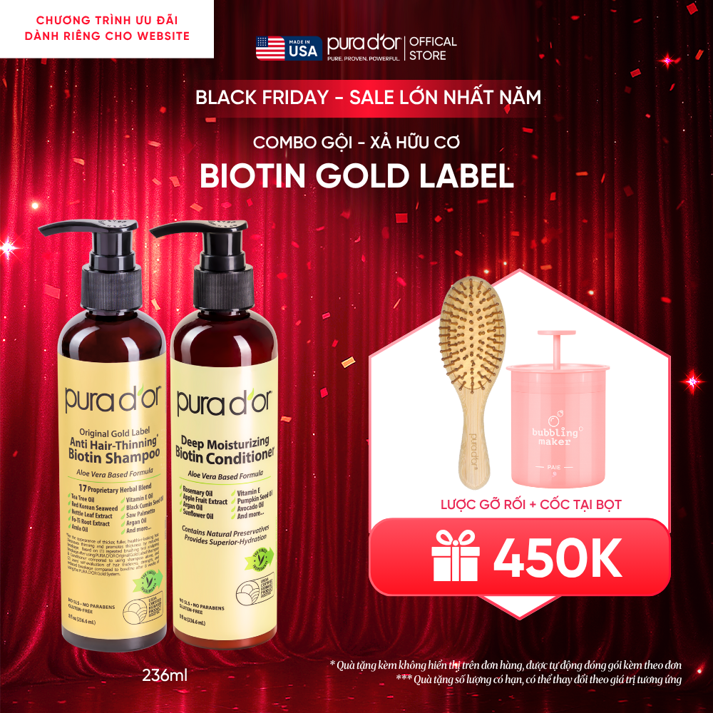 Combo Gội - Xả Biotin Pura D'or Original Gold Label & Deep Moisturizing Chăm Sóc Da Đầu, Dưỡng Ẩm Chuyên Sâu 236ml