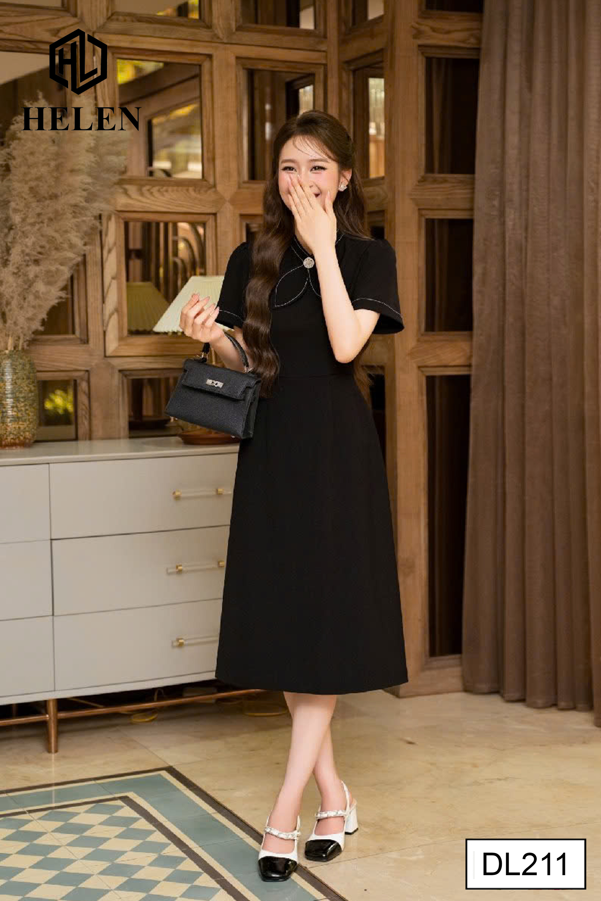 Đầm xòe A màu đen cổ nơ đính cúc DL211_thumbnail_2