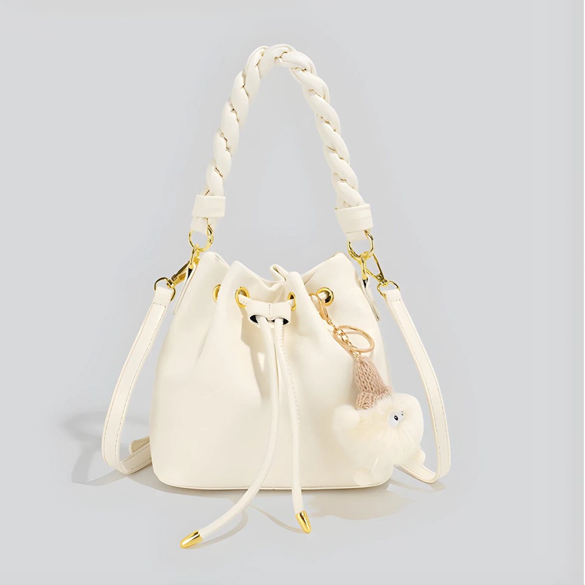 UHE Moon Puff 2509 – túi bucket da cao cấp, quai xoắn thời trang, charm bông xinh xắn, 3 màu hồng - trắng kem - xám bạc_thumbnail_6