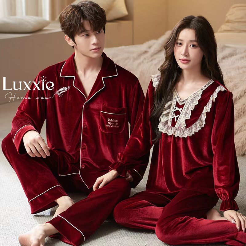 NHUNG34 Bộ ngủ nhung cổ ren trắng đính nơ_thumbnail_10